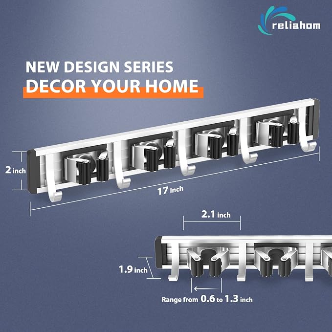 reliahom Broom Holder Wall Mount, 4 Racks with 5 Hooks Black - Mop Storage Tool Racks, Broom Hanger Tool Organizer for Garage, Kitchen, Garden, Laundry Room