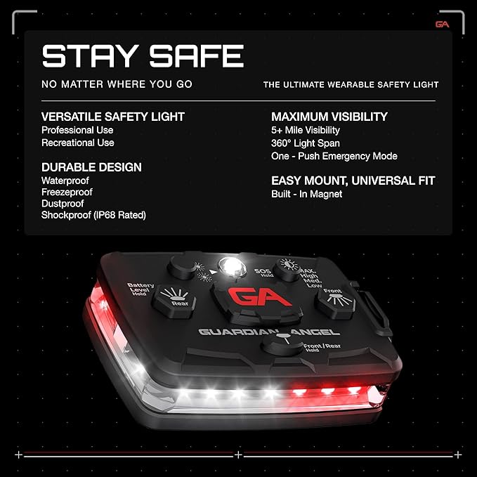 Guardian Angel Elite Series Safety Light, Beacon Device (White/Red Front & White/Red Rear) Rechargeable, Magnetic, Hands-Free Wearable & Mountable LED Light for First Responders, EMS, & Firefighters