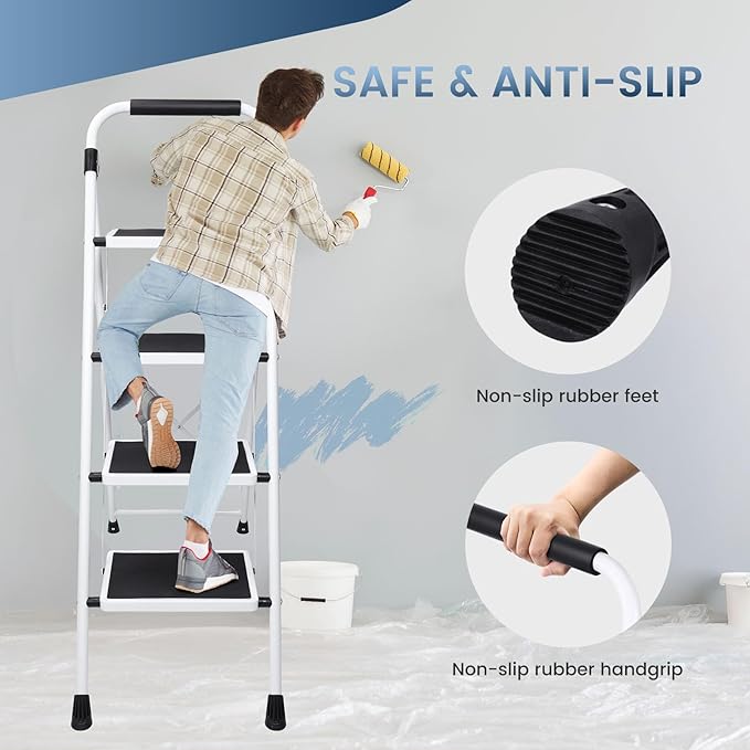 OLIXIS Step Ladder, 4 Sturdy Step Stool with Anti-Slip Pedal & Comfortable Handrail, Portable Heavy Duty Step Stool for Kitchen, Garage & Outdoor Use, 330lbs, Black