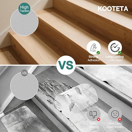KOOTETA Clear Non Slip Stair Treads for Wooden Steps Indoor, 15 Pack 6" x 24" Pre-Cut Anti Slip Stair Strips for Wood Stairs, Grip Tape Transparent Step Tread Grips for Dogs Kids and Pets, Waterproof