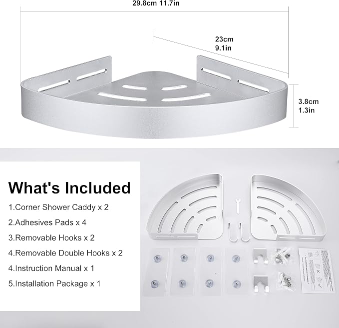 DUFU Adhesive Corner Shower Caddy with Hooks,Bathroom Shower Organizer, No Drilling Rust Proof Aluminum Shower Shelf for Inside Shower 2 Pack (Silver)