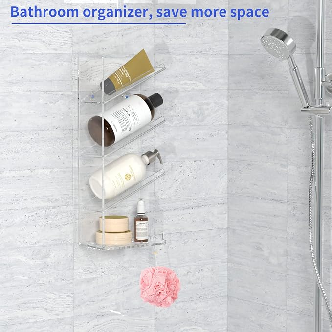AITEE Acrylic Bathroom Organizer Shower Caddy, Clear Shampoo Holder Wall Mounted with Suction Cup, No Drilling and Rustproof, Sturdy and Durable - One Shelf