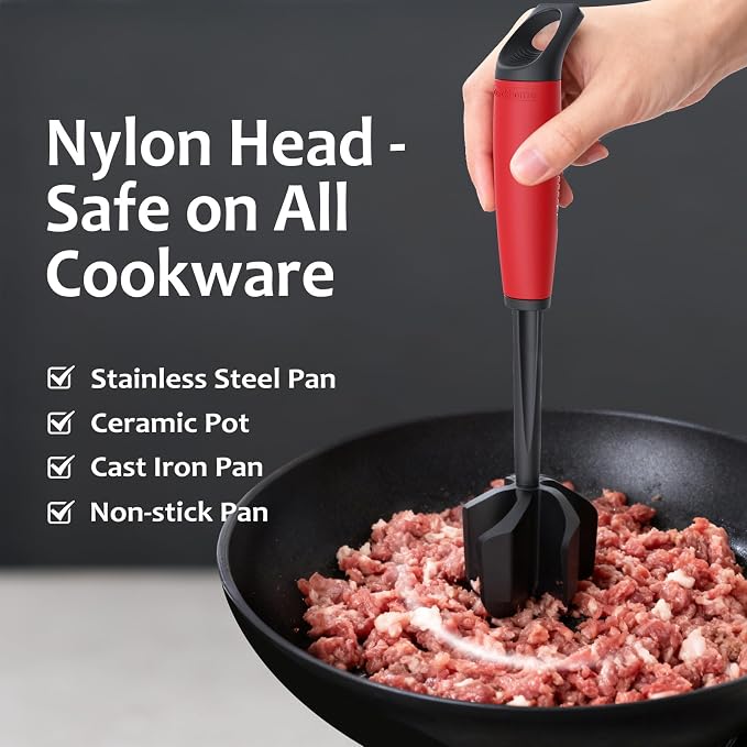 Ourokhome Meat Chopper and Potato Masher, Heat Resistant Nylon Ground Beef Smasher for Hamburger, 5 Curved Blades Nonstick Safe Mixer & Stirrer, Practical Kitchen Gadgets, Black Red
