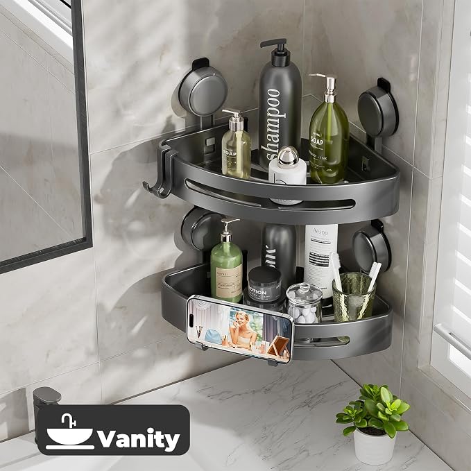 Shower Caddy Corner,Suction Cup Shower Caddy with Hooks,No Drilling Rustproof Aluminum Bathroom Organizers and Storage,Shelves for Bathroom Accessories Decor (1)