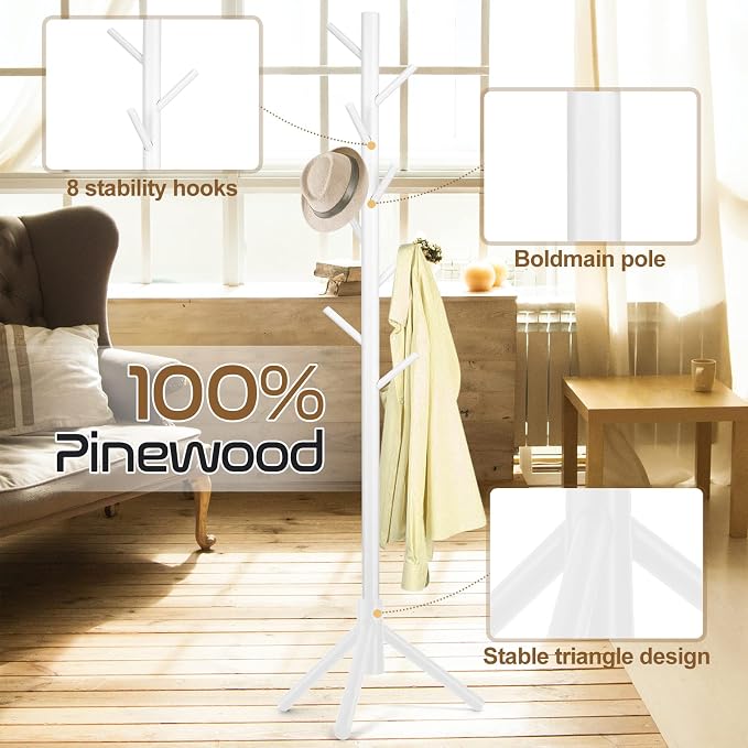 2 PC Wooden Coat Rack Freestanding with 8 Hooks & 3 Adjustable Sizes for Clothes, Space-Saving Design for Bedroom Office Entrance Holds Hats Coats Scarves Bags