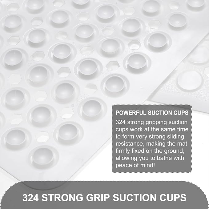 TEESHLY Bath Mat for Tub & Shower, Non Slip Soft Bathmat with Suction Cups & Drain Holes, Machine Washable Bathtub Floor Liner Mats for Bathroom, 35x16 Inch, White