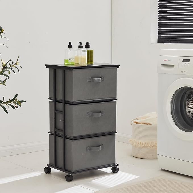 MAX Houser Dresser Tower with 3 Drawers for Bedroom, Fabric Storage Organizer Unit, Chest of Drawers with with WoodTop, Small Vertical Storage for Guest Room, Closet, Entryway, Nursery (Grey)