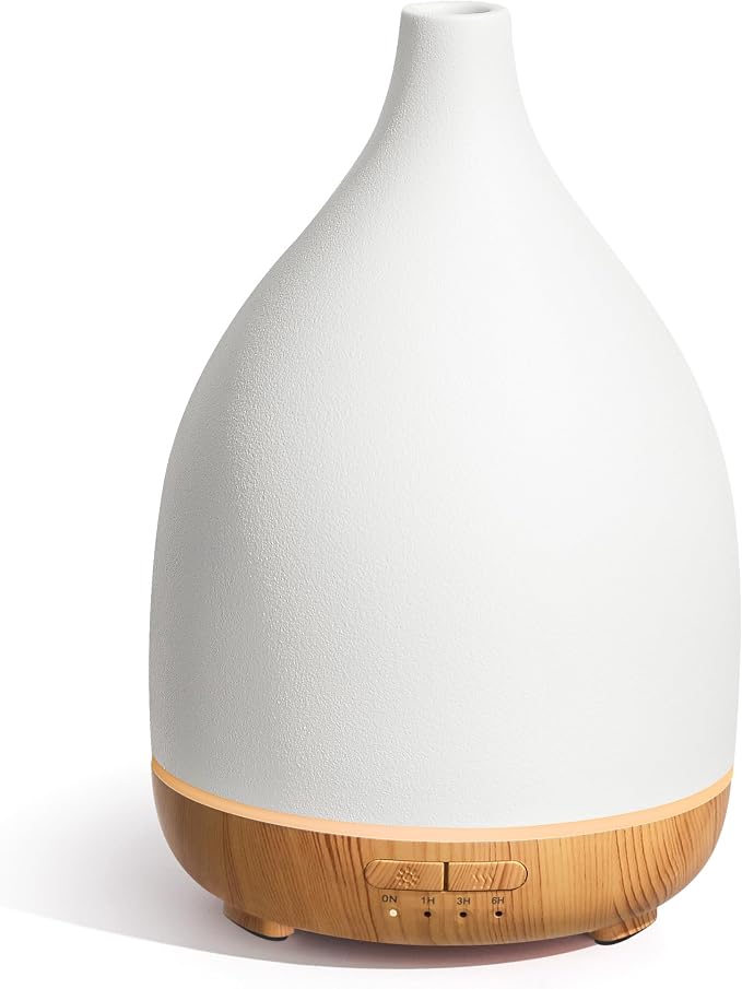InnoGear Oil Diffuser, 300ML Ceramic Diffuser for Essential Oils Handcrafted Aromatherapy Diffuser Ultrasonic Cool Mist Humidifier with 4 Timers Waterless Auto Off for Room Office, White