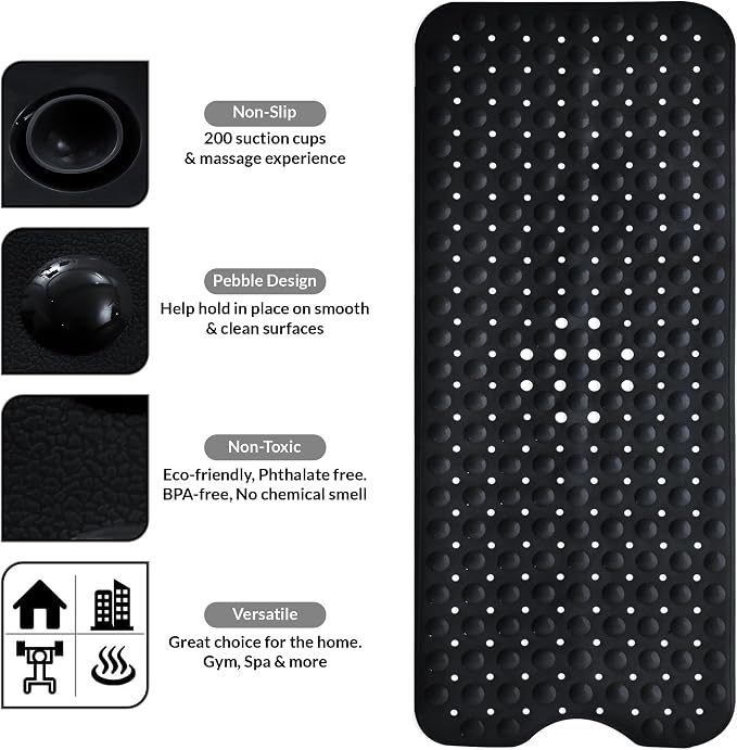 LUX Décor Non-Slip Bathtub Mat, Extra Large 40x16 Inches – Anti-Slip Safety Shower Mat with Suction Cups & Drain Holes – Machine Washable Bath Mat – Black