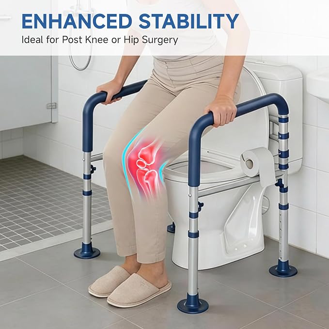 Loyoda Toilet Safety Rail for Seniors, 11.7lbs Steel, Rock-Solid Stability | Height & Width Adjustable,Foldable,Padded Armrests,Wide Non-slip Foot Pads,350 lb Capacity for Pregnant Women & Disabled,Blue