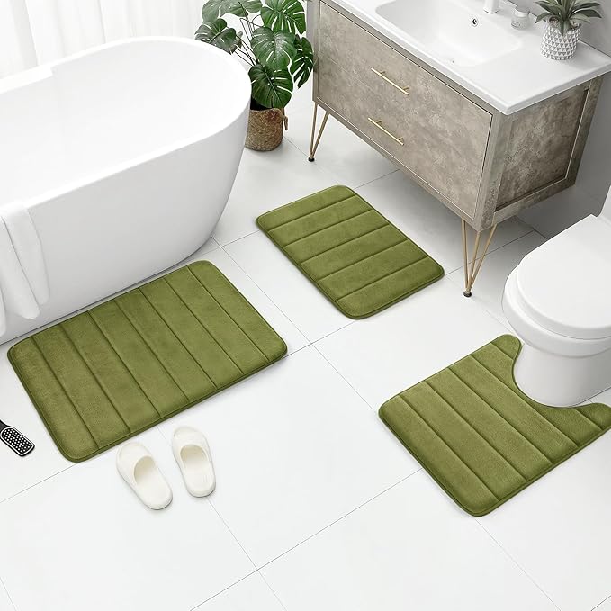 BYSURE Sage Green Memory Foam Bathroom Rug Set 3 Piece, Non Slip Extra Soft Absorbent Machine Washable Toilet Bath Toilet Mat (17"x24"+20"x32"+U Shape 20"x24")
