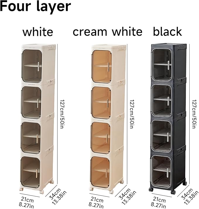 UFORU 4-Tier Tall Narrow Storage Cabinet- Plastic Slim Bathroom Storage Organizer with Magnetic Doors,Adjustable Shelves&Movable Wheels, Foldable Skinny Cabinet for Small Spaces,Kitchen, Black