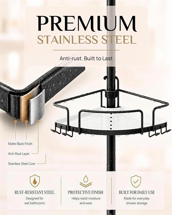ALLZONE Corner Shower Caddy Tension Pole, 4 Hang-On Basket with Mixed-Height Shelves for Various Bottle Sizes, Extra Hooks & Soap Holder, Rustproof Stainless Steel, Fits 34–116 Inch, Black/White