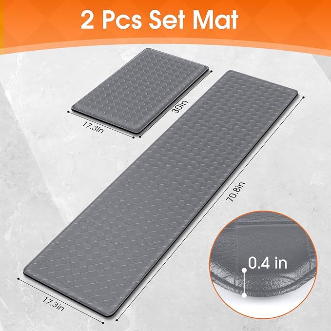 TranquilRelax 2-Piece Anti-Fatigue Kitchen Mats, Cushioned Non-Slip Waterproof Sink & Stove Floor Mats, Comfortable Standing Rug Set for Kitchen, Laundry & Entryway, Grey