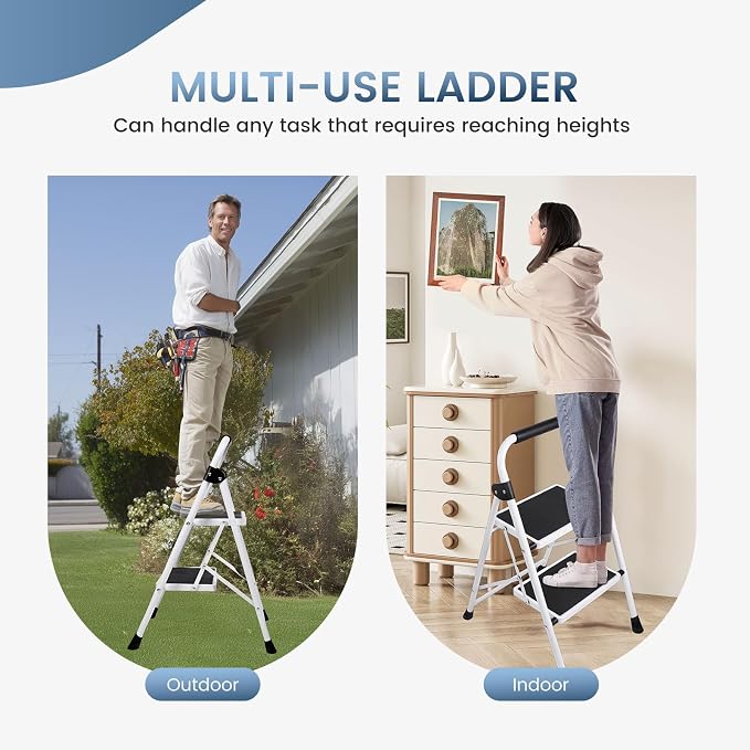 DUMOS 2 Step Ladder, Sturdy Step Stool with Anti-Slip Pedal & Comfortable Handrail, Foldable Heavy Duty Step Stool for Kitchen, Garage & Outdoor Use, 330lbs, Black