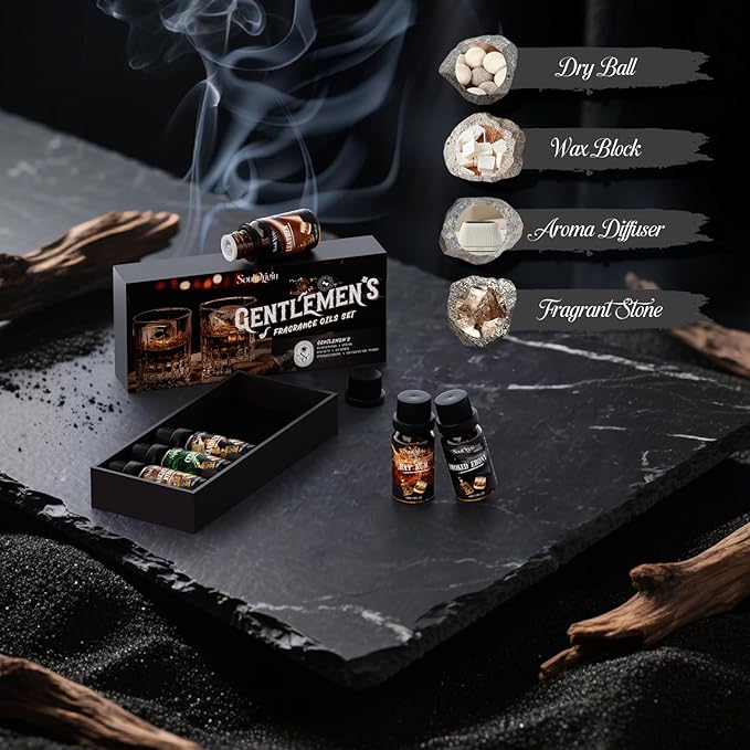 Soulorigin Gentleman Fragrance Oils Set, Essential Oil for Diffuser, Diffuser Oil, Use for Soap Candle Making, Sandalwood, Cedar, Rum, Leather, Smoky Oud, and Frankincense & Myrrh