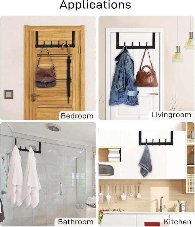 Optish Over The Door Hooks, Door Hanger Hooks for Hanging, Towel Racks for Bathroom with 12 Coat Hook, Coat Rack College Dorm Essentials Bathroom Accessories（1 Pack, Black）