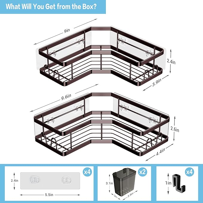 AKTECKE Shower Caddy Corner Organizer: 2Pack Adhesive Shower Shelf Essentials - No Drilling Stainless Steel Bathroom Storage Rack with Hooks and Toothpaste Holder - Shower Accessories