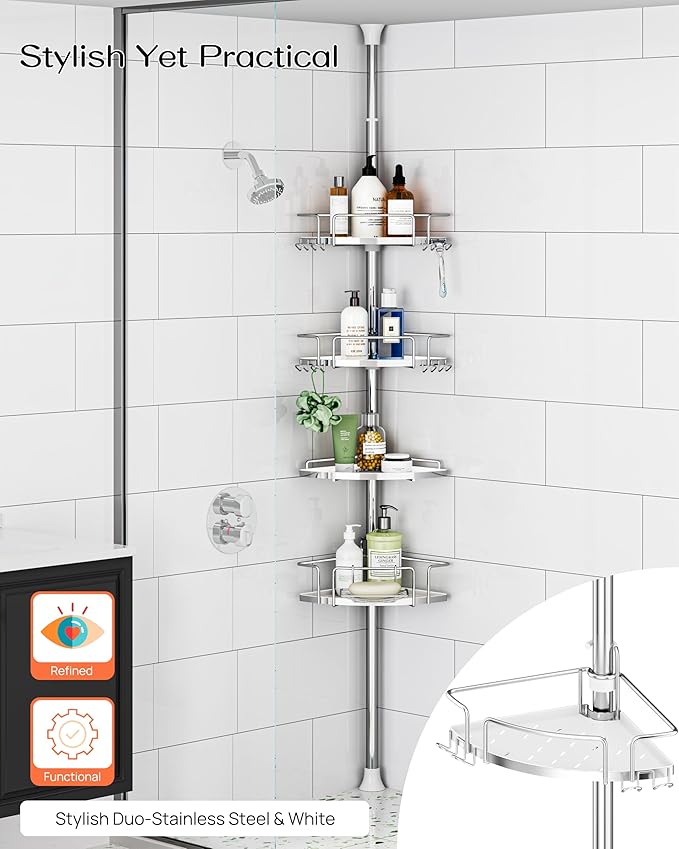 ALLZONE Corner Shower Caddy Tension Pole, 4 Hang-On Basket with Mixed-Height Shelves for Various Bottle Sizes, Extra Hooks & Soap Holder, Rustproof Stainless Steel, Fits 34–116 Inch, Silver/White