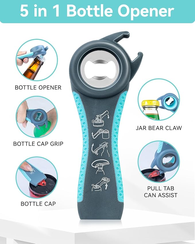 Jar Opener 3-Piece Set for Seniors with Arthritis, Multi-Function Can and Bottle Opener for Weak Hands, Ergonomic Non-Slip Kitchen Tool Set, Easy-to-Use, Thoughtful Gift for Elderly