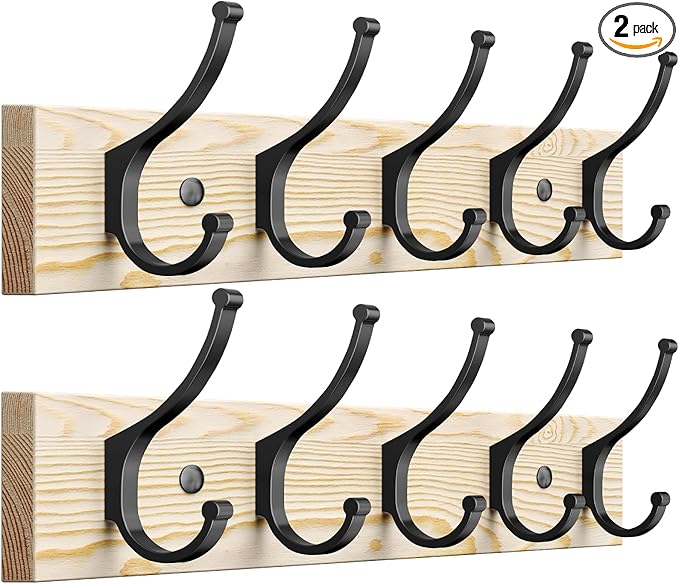 Optish 2 Pack Wooden Coat Rack Wall Mount, 16.1" Rustic Coat Hanger Hooks with 10 Double Hooks, Wall Coat Rack for Hat, Clothes, Bags, Jacket, Natural Wood
