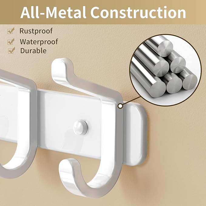 pickpiff Coat Rack Wall Mounted Heavy-Duty: Metal Coat Hanger 6 Hooks for Hanging Hat, Clothes, Robe, Keys, Backpack, Bathroom Towels, Jacket, Purse - Closet, Door, Entryway, Mudroom (White, 1 Pack)
