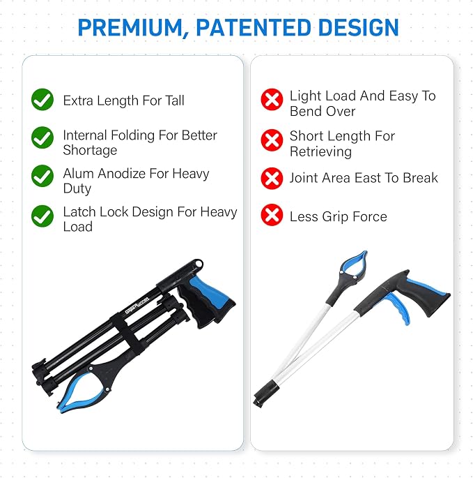 GrabRunner 38 Inch & 44 Inch Extra Long Grabber Reacher Tool Set – Extendable Reacher Grabber Pickup Tools for Seniors, Disabled and Hard-to-Reach Areas, Ergonomic Grip & Lightweight Design（Blue）