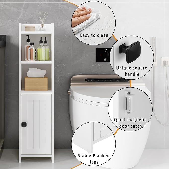 Lomojo Small Bathroom Storage Cabinet Corner, Floor Cabinet with Adjustable Shelves, Freestanding Narrow Bathroom Toilet Paper Organizers for Small Spaces, White
