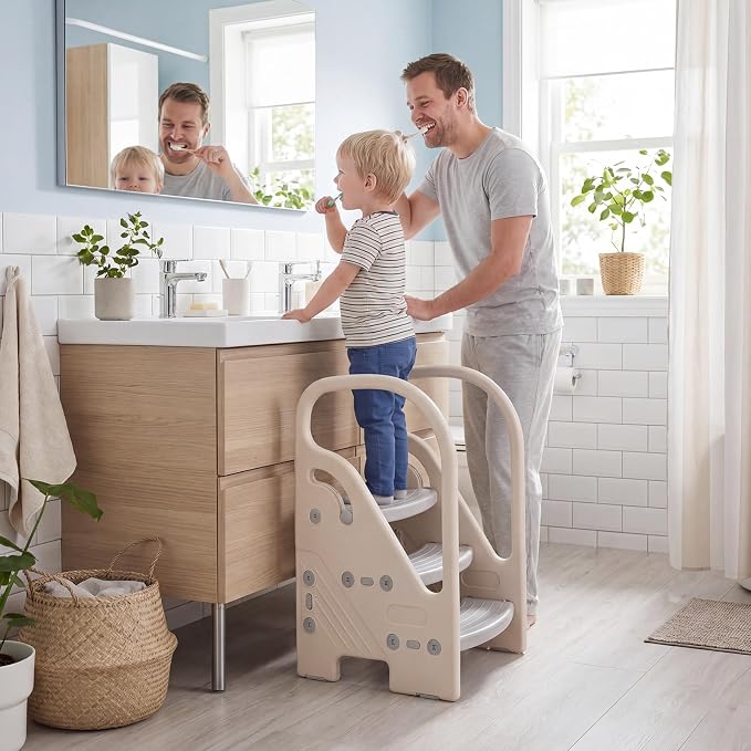 Costzon Toddler Step Stool for Bathroom Sink, Adjustable 3-Step Helper Stool for Kids with Non-Slip Pads, Plastic Ladder for Bedroom Kitchen Counter Potty Training (Grey, 17.5" L x 17" W x 27.5" H)