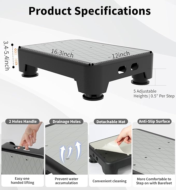 5-Level Adjustable Step Stool, 700 LBS Capacity Safety Bed Step for Seniors, Exercise Setp Platform, Portable Stair Assist for Elderly, Wide Step up for Kitchen, Car, Bedside & Shower, Grey