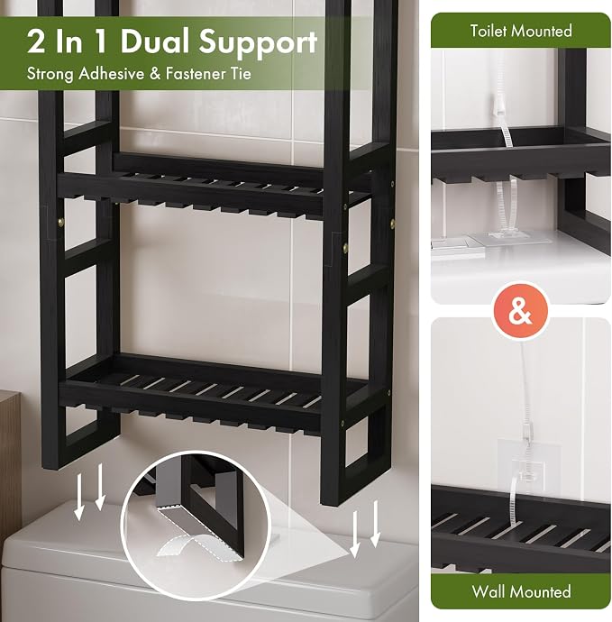 AmazerBath Bamboo Over The Toilet Storage Shelf - 3-Tier Bathroom Organizers and Storage Shelves, 2 in 1 Dual Stable Above Over Toilet Bamboo Shelf Home Storages Rack for Small Bathroom, Black