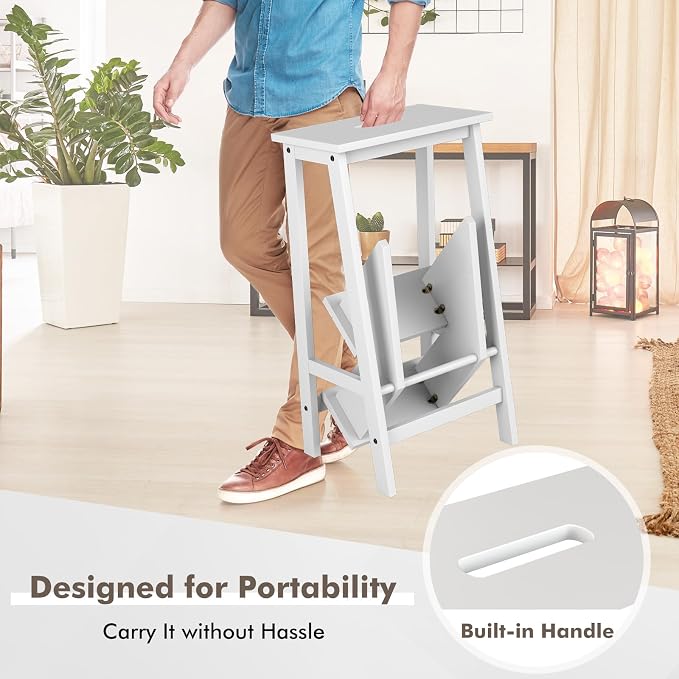 DORTALA 3 Tier Folding Step Stool, Rubber Wood Multifunctional Ladder Chair Bench, Portable Utility Seat, Flower Rack, 200 Lbs Capacity, Ideal for Library, Home (White)