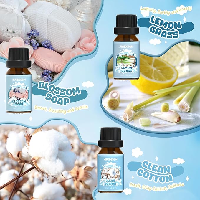 ARVIDSSON Clean Essential Oils Set, Natural Fragrance Oil for Diffuser, Soap Making - Fresh Linen, Clean Home, Fresh Cotton, Soft Powder, Blossom Soap, Lemongrass, Refreshing Scented Oils for Home