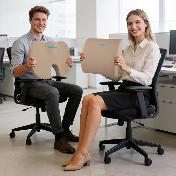 CushZone Ergonomic Seat Cushion & Lumbar Support Pillow - Memory Foam for Sciatica Pain Relief & Posture Correction, Non-Slip Chair Cushions for Office Chair/Car/Wheelchair/Travel, Khaki