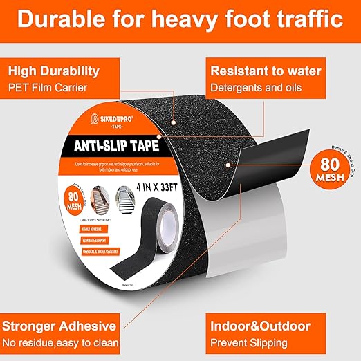 SIKEDEPRO 4" x 33Ft Heavy Duty Anti-Slip Tape,Skateboard Grip Tape, Non-Skid Safety Traction Tape for Staircases Outdoor/Indoor, Waterproof High Traction Stairs Non Skid Treads