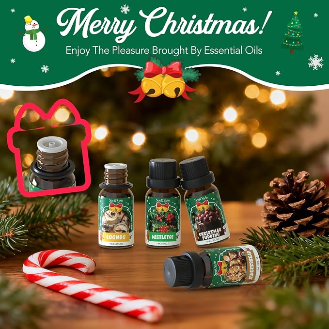 Soulorigin Christmas Essential Oils Set, Fragrance Oil Set for Diffuser, Scent Diffuser Oil for Candle Making-Christmas Cake, Eggnog, Candy Canes, Gingerbread, Mistletoe, Christmas Pudding