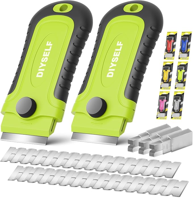 DIYSELF 2 Pack Razor Blade Scraper with 30 Pcs Spare Blades, Heavy Duty Scraper Tool, Scraper for Cleaning, Glass Top Stove, Paint Scraper, Razor Scraper, Glass Scraper, Oven Scraper
