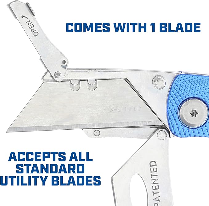 Sheffield Folding Utility Knife, Accepts Standard Utility Knife Blades, Box Cutter Aluminum Handle, Razor Blades Included, For Home, Office, Trades, and Warehouse