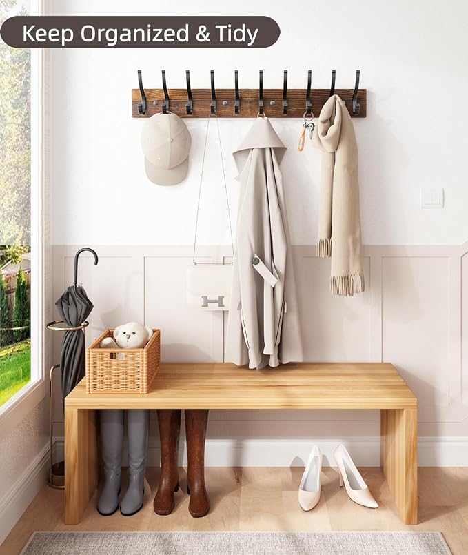 Optish 1 Pack Wooden Coat Rack Wall Mount, 16.1" Rustic Coat Hanger Hooks with 5 Double Hooks, Wall Coat Rack for Hat, Clothes, Bags, Jacket, Brown