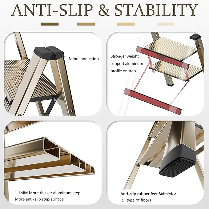 2 Step Lightweight Folding Ladder for Home, 330lbs Aluminum Step Ladder Anti-Slip for Kitchen, Step Stool Foldable Adults for Closet, 330lbs - Champagne Gold