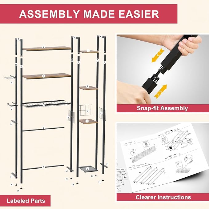 Over The Toilet Storage with Wooden Shelves and Side Rack, 7-Tier Metal Over Toilet Bathroom Organizer Freestanding Storage Shelf for Toilet Paper, Towels, Toiletries, Ideal for Small Bathroom