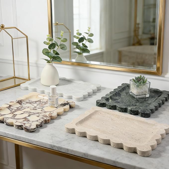Koville Scalloped Marble Tray, 11"x8" Marble Vanity Tray for Countertop Bathroom Kitchen Dresser, Natural Stone Tray for Jewelry Perfume Home Decor, Decorative Catchall Trays(Bianco Carrara)