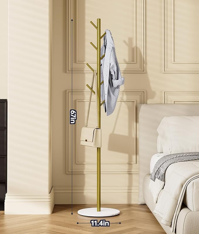 Coat Rack with 8 Hooks, 3 Adjustable Heights, Modern Hall Tree, Sturdy Metal Clothes Stand with Sintered Stone Base for Entryway, Office, Bedroom, for Coats, Hats, Handbags and Scarves, Gold