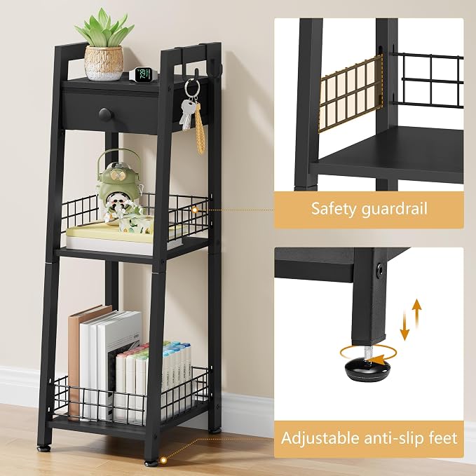 Gewudraw 3-Tier Narrow Ladder Shelf with Drawer, Bathroom Table Stand for Small Space, Narrow Bathroom Standing Shelves with Storage for Living Room Bedroom Kitchen, Black