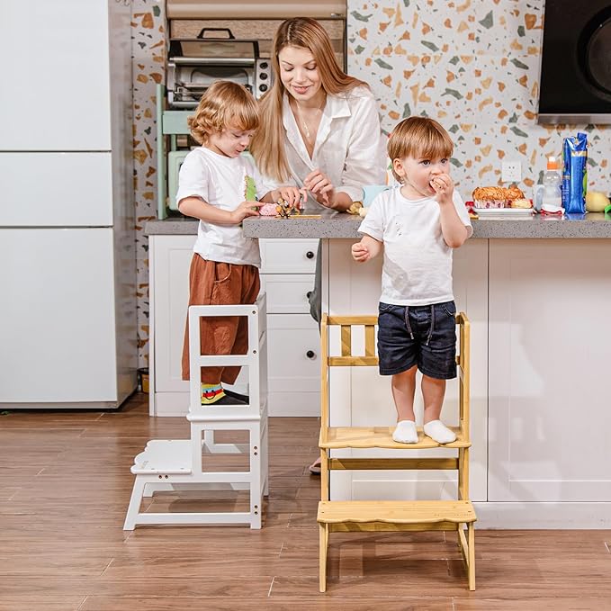 COSYLAND Toddler Step Stool with Removable Side Guard - Toddler Kitchen Stool Helper for Kitchen/Bathroom/Living Room/Bedroom - 300 lbs Capacity Step Ladder for Kids - Natural