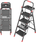 4 Step Foldable Step Ladder with Mutifunctional Tool Tray, Platform Ladders Stepstools, Step Stool 4 Step Folding with Non-Slip Pedals, 800lbs Bearing Capacity for Adults, Home, Kitchen, Black Red
