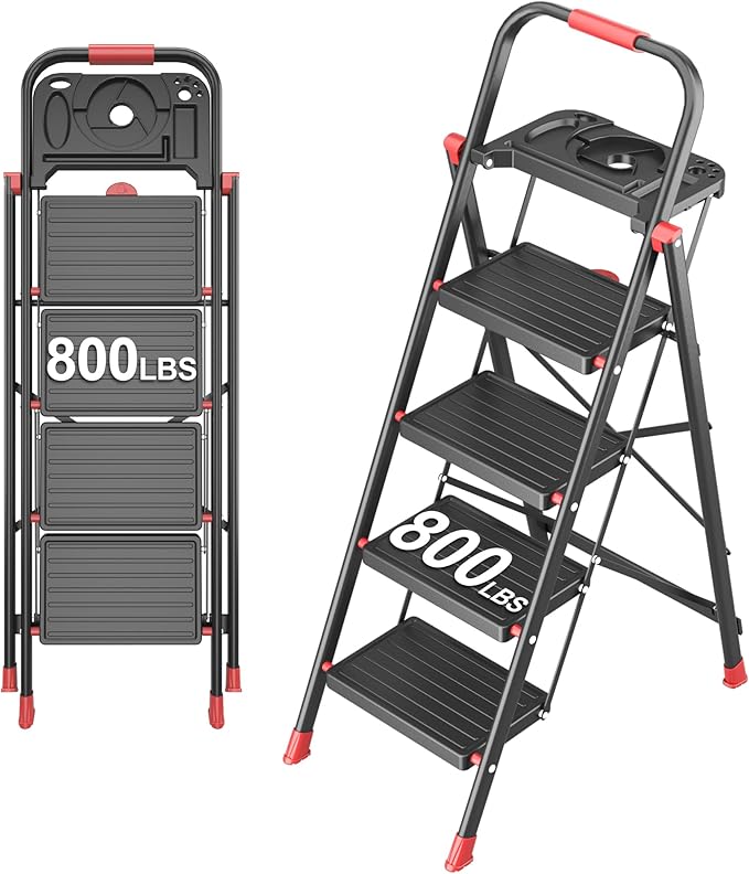 4 Step Foldable Step Ladder with Mutifunctional Tool Tray, Platform Ladders Stepstools, Step Stool 4 Step Folding with Non-Slip Pedals, 800lbs Bearing Capacity for Adults, Home, Kitchen, Black Red