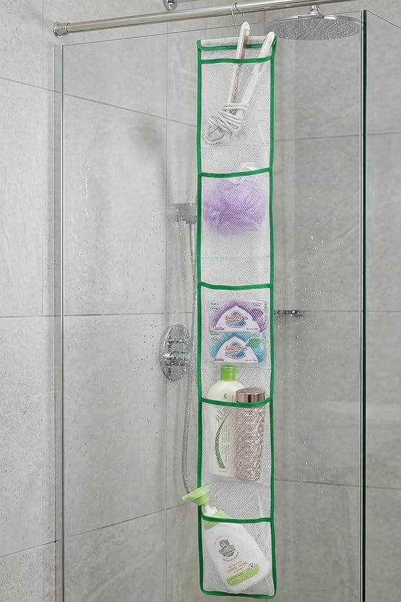 ALYER Narrow Mesh Fabric Shower Caddy Organizer with Hanger,Hanging Mesh Pockets for Shampoo, Conditioner, Soap and Body Wash (Green)