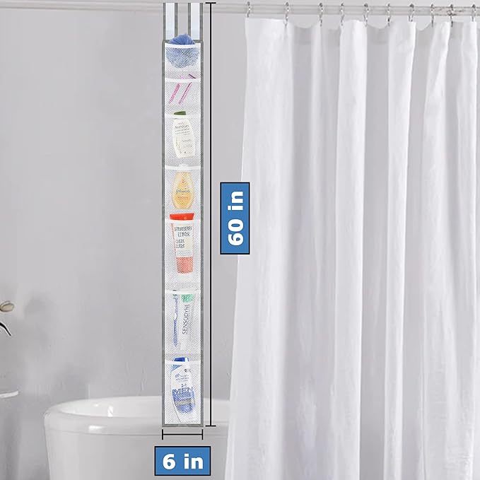 Skywin 7 Pockets Hanging Shower Curtain Liner Caddy 60 x 6 Inches (2 Pack) - 100% Polyester Mesh Shower Caddy Hanging - Shower Organizer for Shower Rod or Door with Adjustable Velcro Strap