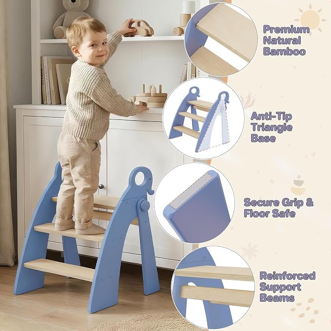 Wooden Step Stool for Toddlers, 3 Foldable Step Stool for Kids Bathroom Sink & Potty Training, Bamboo Toddler Stool with Blue Elephant Handles and Non-Slip Pads for Bedroom, Kitchen Helper